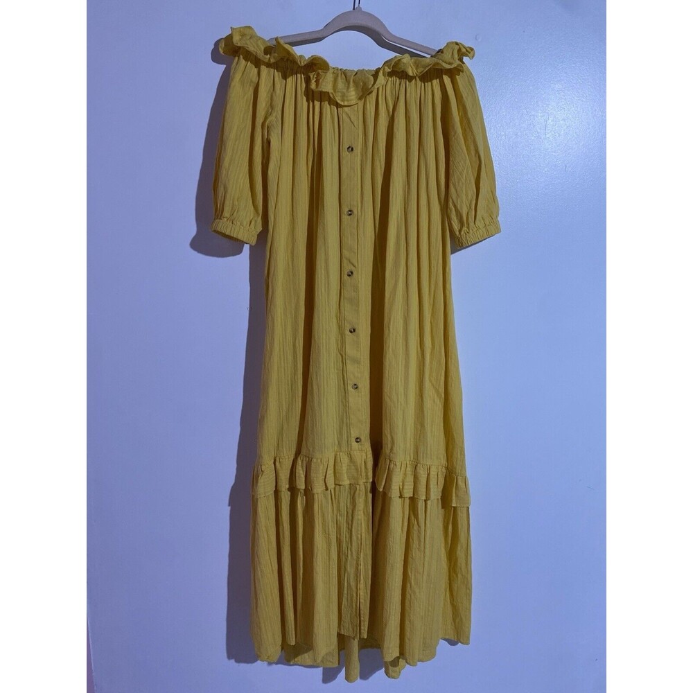 Anthropologie Dress S Yellow Maxi Beachy Ruffle Tiered Off Shoulder Gauze Boho - Picture 2 of 14